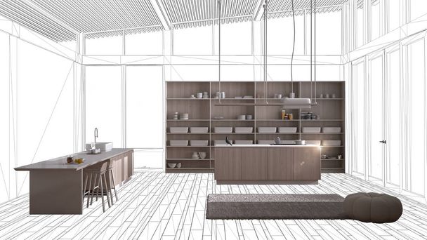 Сучасна дерев'яна кухня з островом в сучасній розкішній квартирі, концепція дизайну інтер'єру, чорний ескіз чорнила на задньому плані, мінімалістична ідея проекту меблів
 - Фото, зображення
