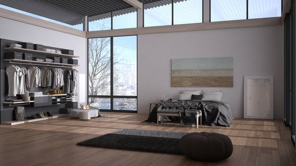 Modern white and wooden bedroom, bed and walk-in closet, parquet, carpet, pouf and decors, corrugated sheet roof, panoramic windows on winter view, snow, minimalist interior design - 写真・画像