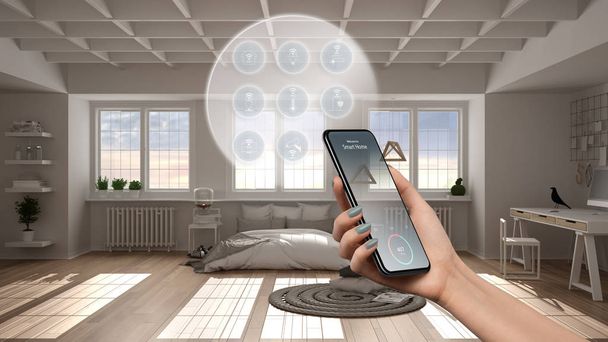 Smart home technology interface on phone app, augmented reality, internet of things, interior design of modern kitchen with connected objects, woman hand holding remote control device - Foto, Bild