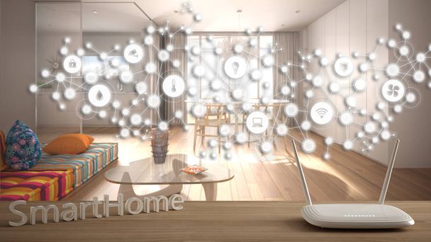 Bezprzewodowy router Wi-Fi na drewnianym stole, inteligentny dom, geometryczne tło z połączoną linią i kropkami pokazującymi internet rzeczy, koncepcja automatyki domowej nad nowoczesnym salonem - Zdjęcie, obraz