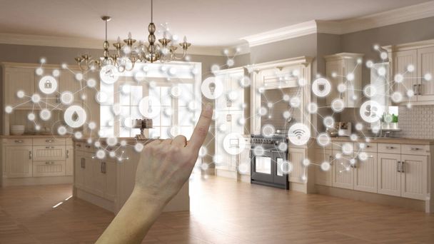Glowing smart home interface, geometric background, connected line and dots showing internet of things system, hand pointing icons over kitchen interior, home automation concept - Photo, Image