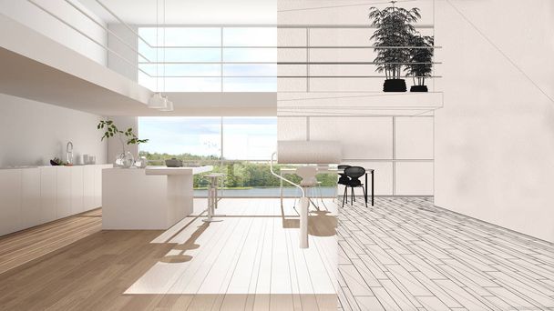 空間が現代的なキッチンを示す本物になる間ペイントローラー塗装インテリアデザイン青写真の背景。コンセプトの前と後に、建築家のデザイナーの創造的な仕事の流れ - 写真・画像