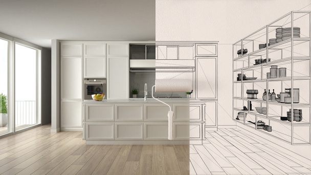 Boyalı paten çizimi iç tasarım tasarım tasarım tasarımı arka plan. Bu arada alan modern mutfağı göstererek gerçek hale geliyor. Önce ve sonra, mimar tasarımcı yaratıcı iş akışı - Fotoğraf, Görsel