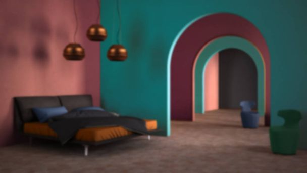 Blur background interior design: classic metaphysics surreal interior design, bedroom with ceramic floor, open space, archway with armchairs, unusual architecture, project idea - 写真・画像