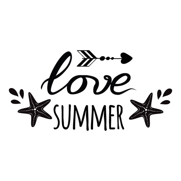 Love summer logo. Vector inspirational vacation and travel quote with seastar, wave in black color Summer print - Vecteur, image