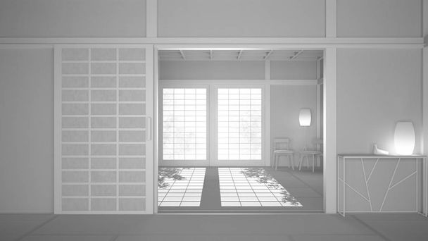 Borrador de proyecto blanco total, espacio abierto vacío con tatami esteras y suelo de futón, techo de madera, puertas de papel chino, sillas con lámparas, sala de estar, ventana con jardín zen, meditación
 - Foto, Imagen