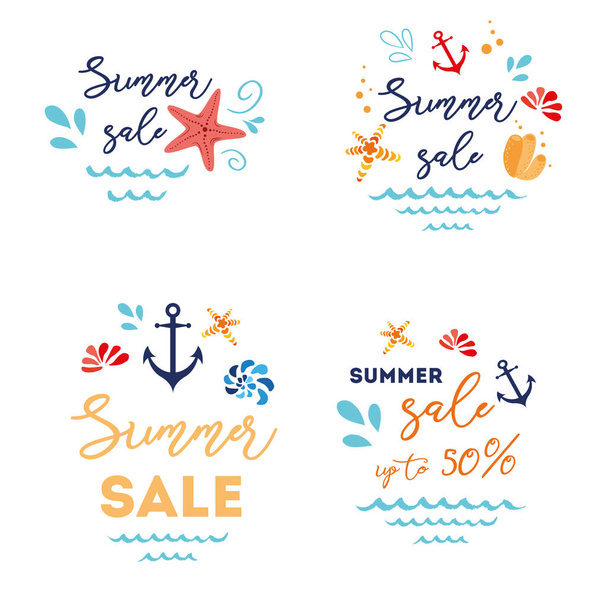 Summer sale shopping logo badge vector set. Store summertime hand drawn sea style logotypes - Vetor, Imagem
