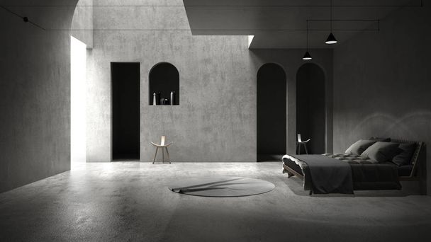 Классическое серое бетонное внутреннее пространство, солнечный свет, отбрасывающий тень на стену и пол, спальня с кроватью и круглой ковровой дорожкой, геометрический дизайн конструкций с подвесными лампами и стульями
 - Фото, изображение