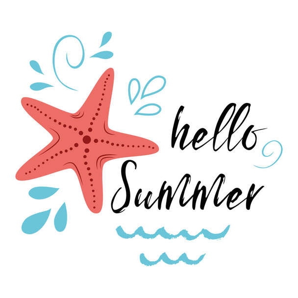 Sea poster with sea star fish phrase Hello summer, wave, seastar Vector typographic banner inspirational quote. - Vector, Image