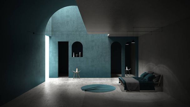 Klasický modrý betonový vnitřní prostor, sluneční světlo vrhající stín na stěnu a podlahu, ložnice s postelí a kulatým kobercem, geometrické konstrukce s přívěsnými lampami a židlemi - Fotografie, Obrázek