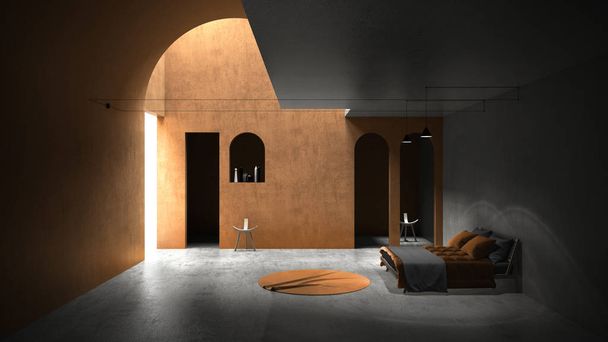 Espacio interior de hormigón naranja clásico, luz solar que proyecta sombra en la pared y el suelo, dormitorio con cama y alfombra redonda, diseño de estructuras geométricas con lámparas y sillas colgantes
 - Foto, Imagen