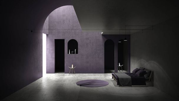 Espacio interior clásico de hormigón púrpura, luz solar que proyecta sombra en la pared y el suelo, dormitorio con cama y alfombra redonda, diseño de estructuras geométricas con lámparas y sillas colgantes
 - Foto, Imagen