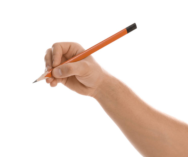 Hombre sosteniendo lápiz sobre fondo blanco, primer plano de la mano
 - Foto, Imagen