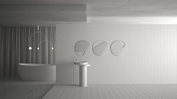 Minimaalinen moderni kylpyhuone tyhjässä avoimessa tilassa, valkoinen arkkitehtuuri konsepti malli kopioi tilaa. Upottaa peilit, laatat, kylpyamme riipus lamppu ja klassinen verho, marmori lattia
 - Valokuva, kuva