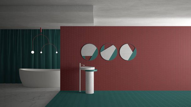 Современный санузел в пустом открытом пространстве, концепция красной и бирюзовой архитектуры искушают пространством для копирования. Раковина с зеркалами, плитка, ванна, подвесная лампа и занавес, мраморный пол
 - Фото, изображение