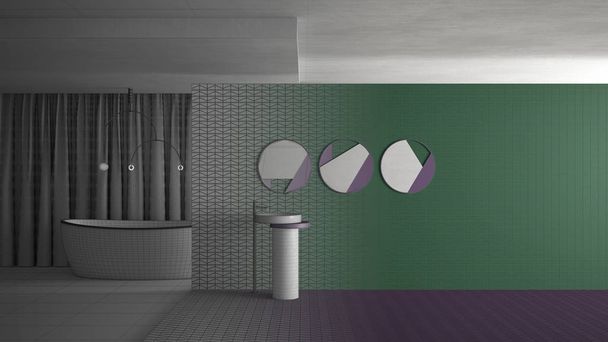 Αρχιτεκτονική έννοια interior designer: ημιτελές project που γίνεται πραγματικό, minimal μοντέρνο μπάνιο σε κενό ανοιχτό χώρο, αρχιτεκτονική έννοια, αντιγραφή χώρου. Νιπτήρες, καθρέφτες, πλακάκια, μπανιέρα - Φωτογραφία, εικόνα