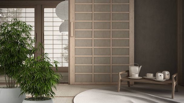 鉢植えの竹の禅のインテリア、自然インテリアデザインのコンセプト、布団付きの空の部屋、畳、米紙のドア、伝統的な茶室、茶セット付きのトレイ、椅子ペンダントランプ - 写真・画像