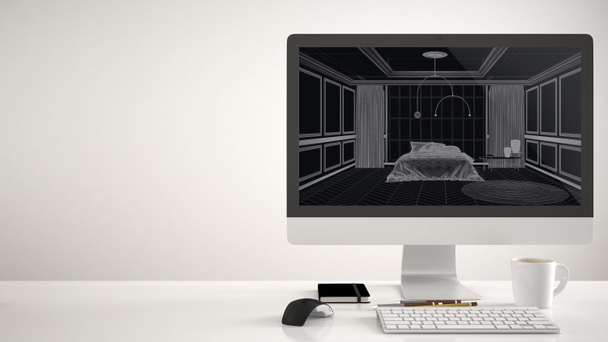 Architektenhaus-Projektkonzept, Desktop-Computer auf weißem Hintergrund, Schreibtisch mit Cad-Skizze, klassisches Schlafzimmer mit Doppelbett, Teppich, Pendelleuchte und großem Fenster - Foto, Bild