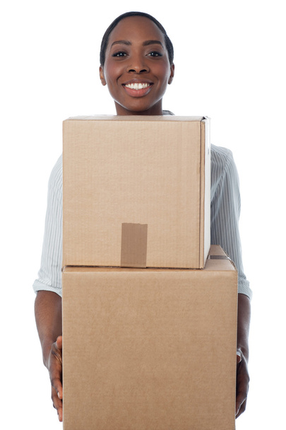 Woman holding cardboard boxes - Zdjęcie, obraz