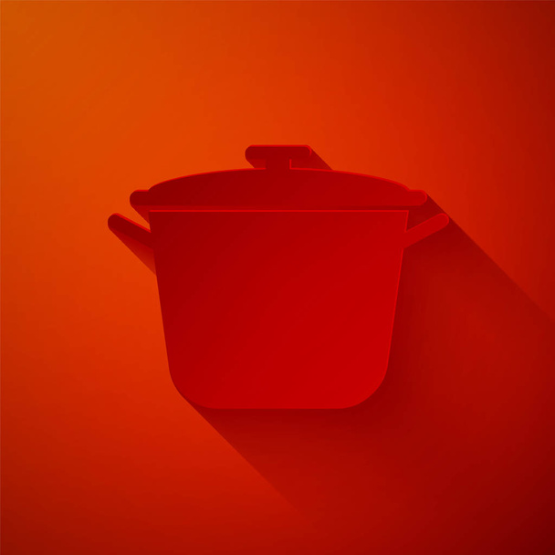 Κομμένο χαρτί Μαγείρεμα εικονίδιο κατσαρόλα απομονώνονται σε κόκκινο φόντο. Βράζω ή στιφάδο σύμβολο τροφίμων. Στυλ χάρτινης τέχνης. Εικονογράφηση διανύσματος - Διάνυσμα, εικόνα