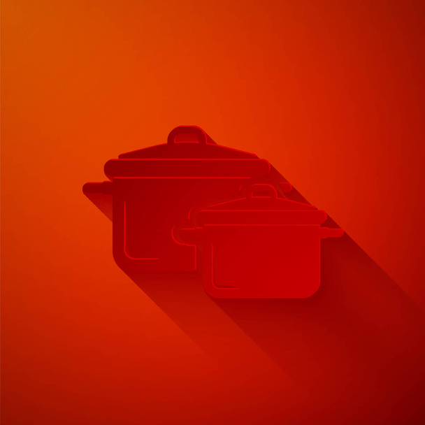 Corte de papel Icono de olla de cocina aislado sobre fondo rojo. Hervir o guisar el símbolo de la comida. Estilo de arte de papel. Ilustración vectorial
 - Vector, Imagen