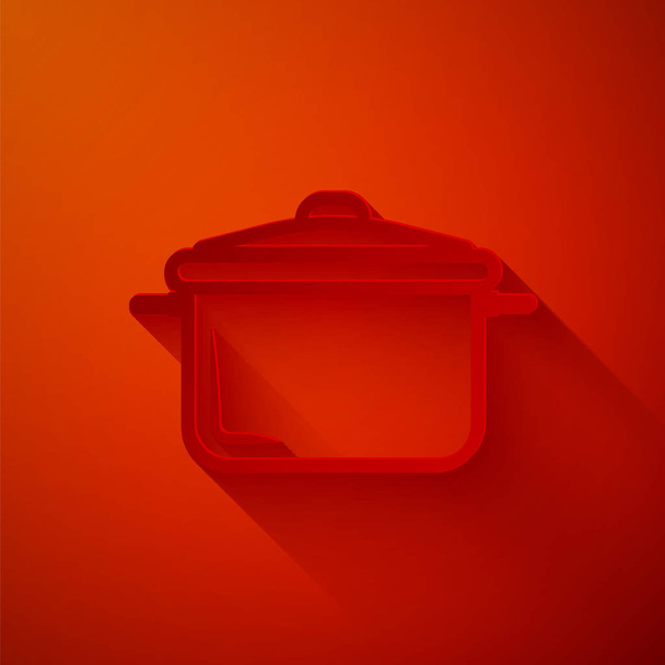 Taglio carta icona pentola isolata su sfondo rosso. Bollire o stufato cibo simbolo. Stile cartaceo. Illustrazione vettoriale
 - Vettoriali, immagini
