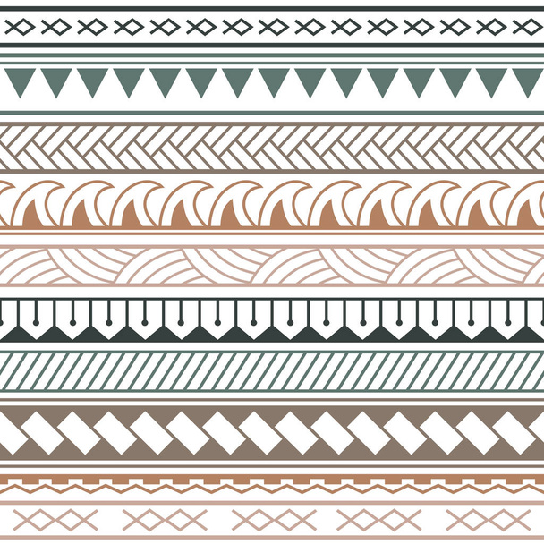 マオリ風のベクトルエスニック風ブーシームレスなパターン。装飾的な民族要素と幾何学的な境界線。パステルカラー水平パターン. - ベクター画像