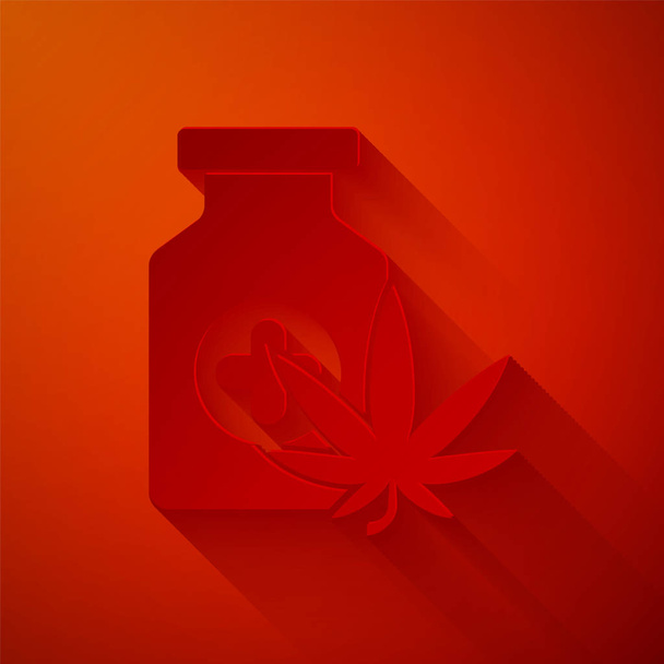 Papírvágás Orvosi palack marihuánával vagy kannabisz levél ikon izolált vörös alapon. Kannabiszolaj kivonatok üvegekben. Papírművészeti stílus. Vektorillusztráció - Vektor, kép