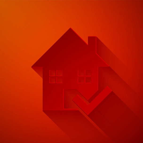 Papiergeschnittenes Haus mit Häkchen-Symbol auf rotem Hintergrund. Immobilienagentur oder Ferienhausstadt Eliteklasse. Papierkunst. Vektorillustration - Vektor, Bild