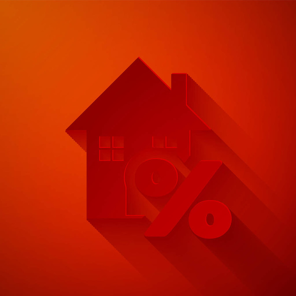 Papír vágott Ház percant kedvezmény tag ikon elszigetelt piros háttérrel. A ház százalékos ára. Ingatlanközvetítő. Hitelszázalék szimbólum. Papírművészeti stílus. Vektorillusztráció - Vektor, kép
