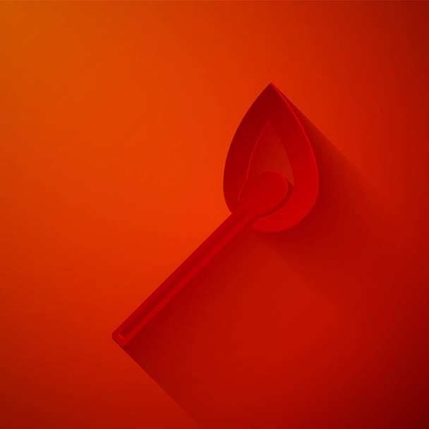 Paper cut Burning match with fire icon isolated on red background. Match with fire. Matches sign. Paper art style. Vector Illustration - Wektor, obraz