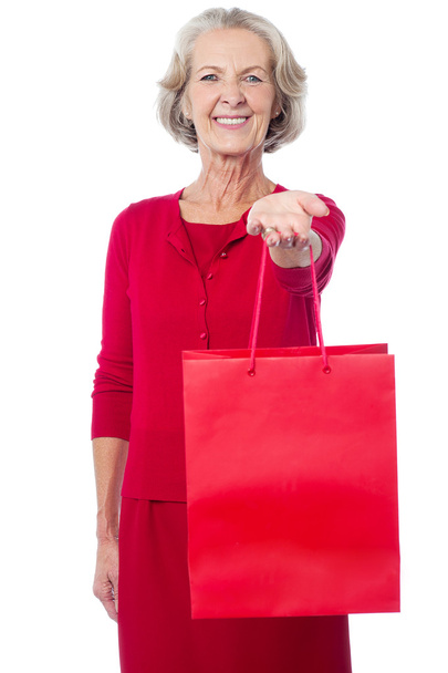 Cheerful old woman holding shopping bag - Zdjęcie, obraz