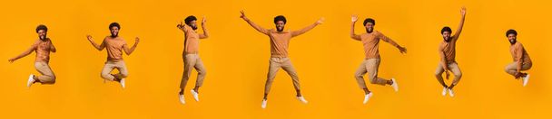 Collage of jumping joyful black guy on orange - Photo, Image