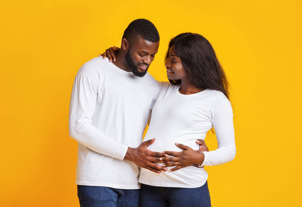 Hombre enamorado tocando su vientre de esposa embarazada
 - Foto, Imagen