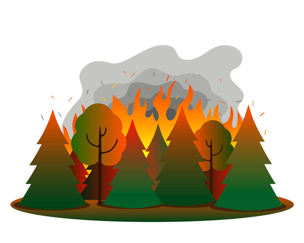 Incendio in una foresta mista di conifere. Lingue di fuoco e fumo sullo sfondo di abeti e alberi
. - Vettoriali, immagini