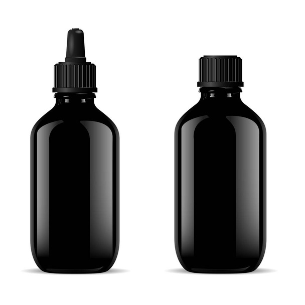 Conjunto de botellas médicas de vidrio negro. Dropper Mockup
. - Vector, Imagen