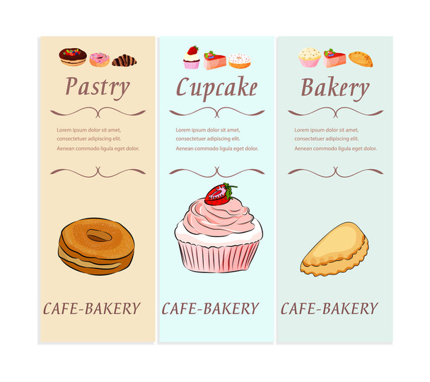 Panificio e pasticceria dessert banner con testo. Cupcake dolci freschi e altri prodotti da forno Cafe design del menu flyer. Stile piatto. Illustrazione vettoriale
 - Vettoriali, immagini