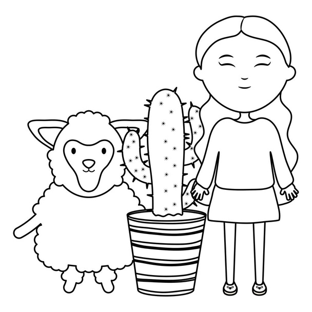 cute sheep and girl with exotic cactus in ceramic pot - Vecteur, image