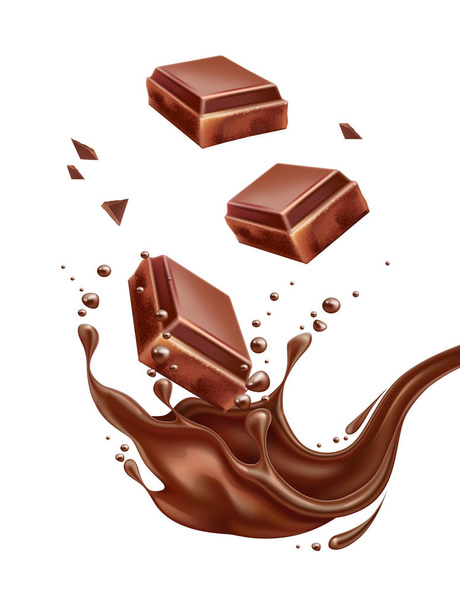 Vector realistic chocolate splash with bar pieces - Vector, Image