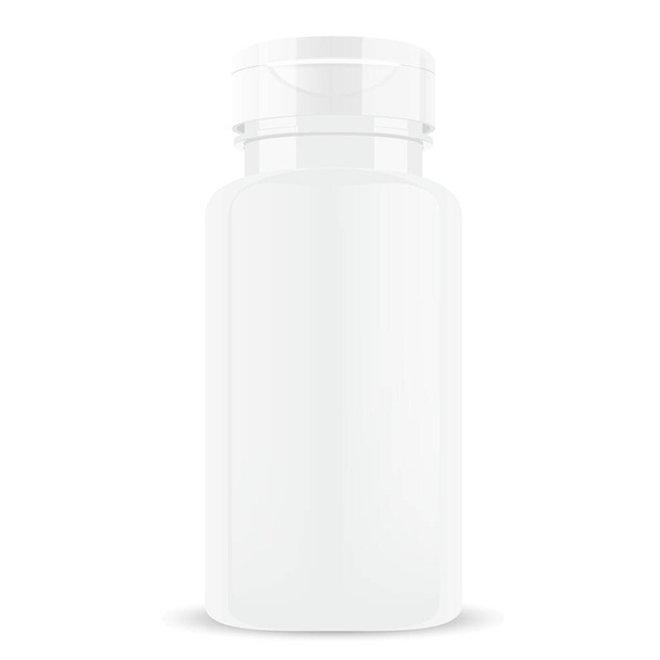 Белая бутылка с таблетками. Витаминный глянцевый контейнер
 - Вектор,изображение