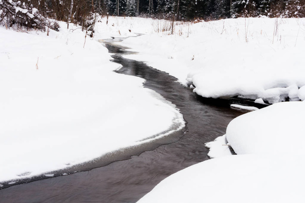 Snowy winter landscape of river and forest - Foto, Imagen