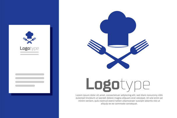 Blauwe Chef hoed en gekruiste vork pictogram geïsoleerd op witte achtergrond. Koken symbool. Restaurant menu. Kookt hoed. Logo ontwerp template element. Vector Illustratie - Vector, afbeelding