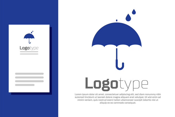 Kék esernyő és esőcseppek ikon elszigetelt fehér alapon. Vízálló ikon. Védelem, biztonság, védelem. Vízálló szimbólum. Logó tervezési sablon elem. Vektorillusztráció - Vektor, kép