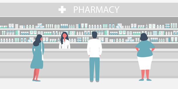 People in the pharmacy. The pharmacist stands near the shelves with medicines. There are visitors In the hall. Vector illustration - Vector, Image
