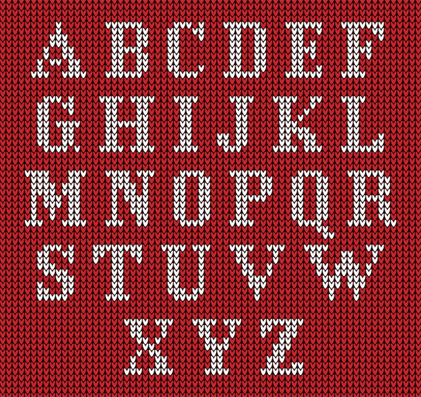 Knitted alphabet on red background. Christmas crochet font on knitted classic ornament pattern. All the letters are on different layers, it is convenient to produce words and sentences - Вектор,изображение