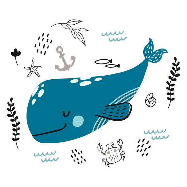 Vector doodle blue whale underwater life pattern - Wektor, obraz