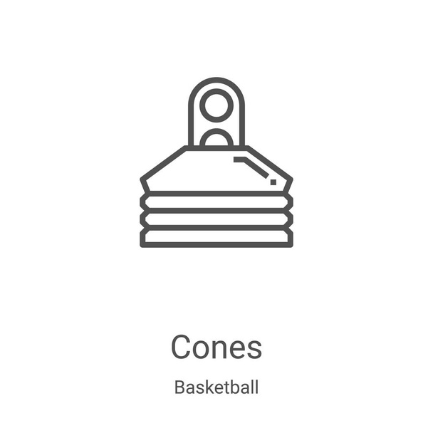 pylonen icoon vector uit basketbal collectie. Dunne lijn kegels schetsen pictogram vector illustratie. Lineair symbool voor gebruik op web- en mobiele apps, logo, printmedia - Vector, afbeelding