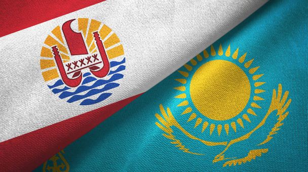 Francouzská Polynésie a Kazachstán dvě vlajky textilní tkaniny, textura tkaniny - Fotografie, Obrázek