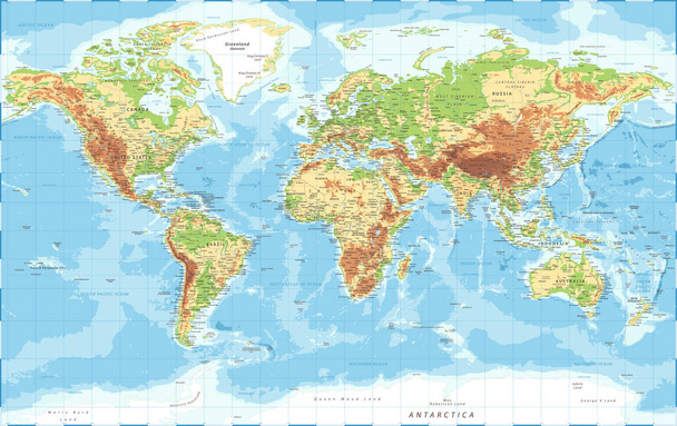 Wereld Kaart - Fysieke Topografie - Vector Gedetailleerde Illustratie - Vector, afbeelding