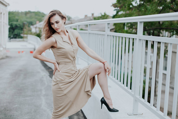 Portrait of a beautiful fashionable woman in a stylish beige dress - Photo, Image